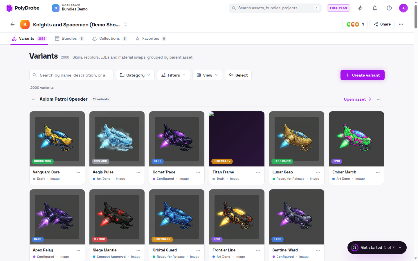 PolyDrobe app showing a game project with assets organized by category, rarity, and tag