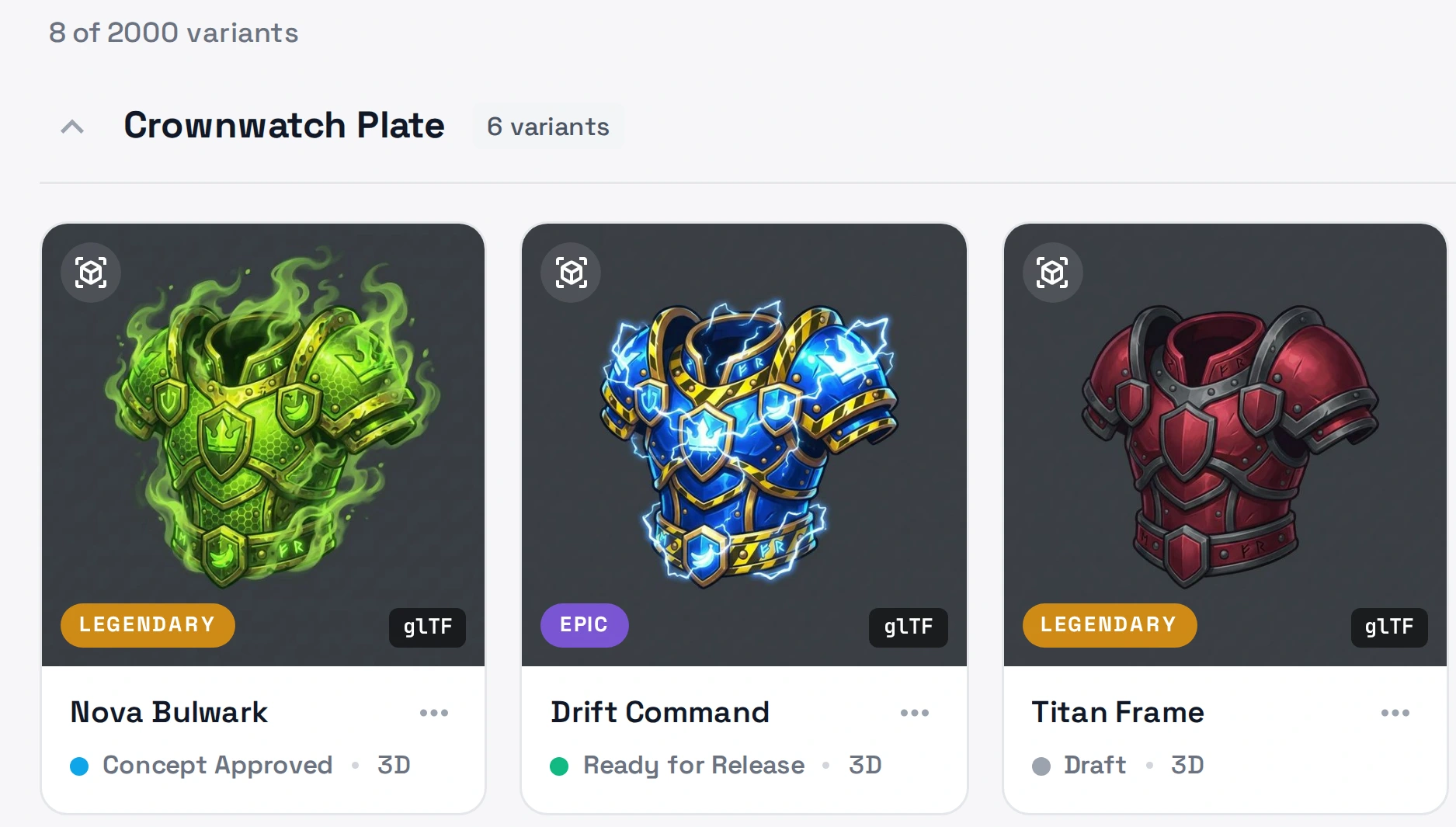 PolyDrobe library filtered by category and rarity, showing the matching variants with their rarity chips