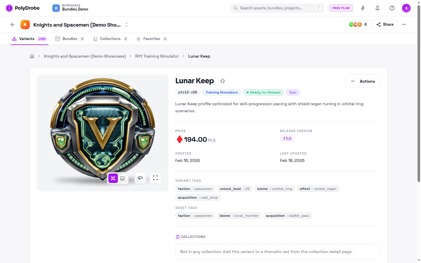 PolyDrobe asset record showing variants, pricing, reviewers, and raw metadata